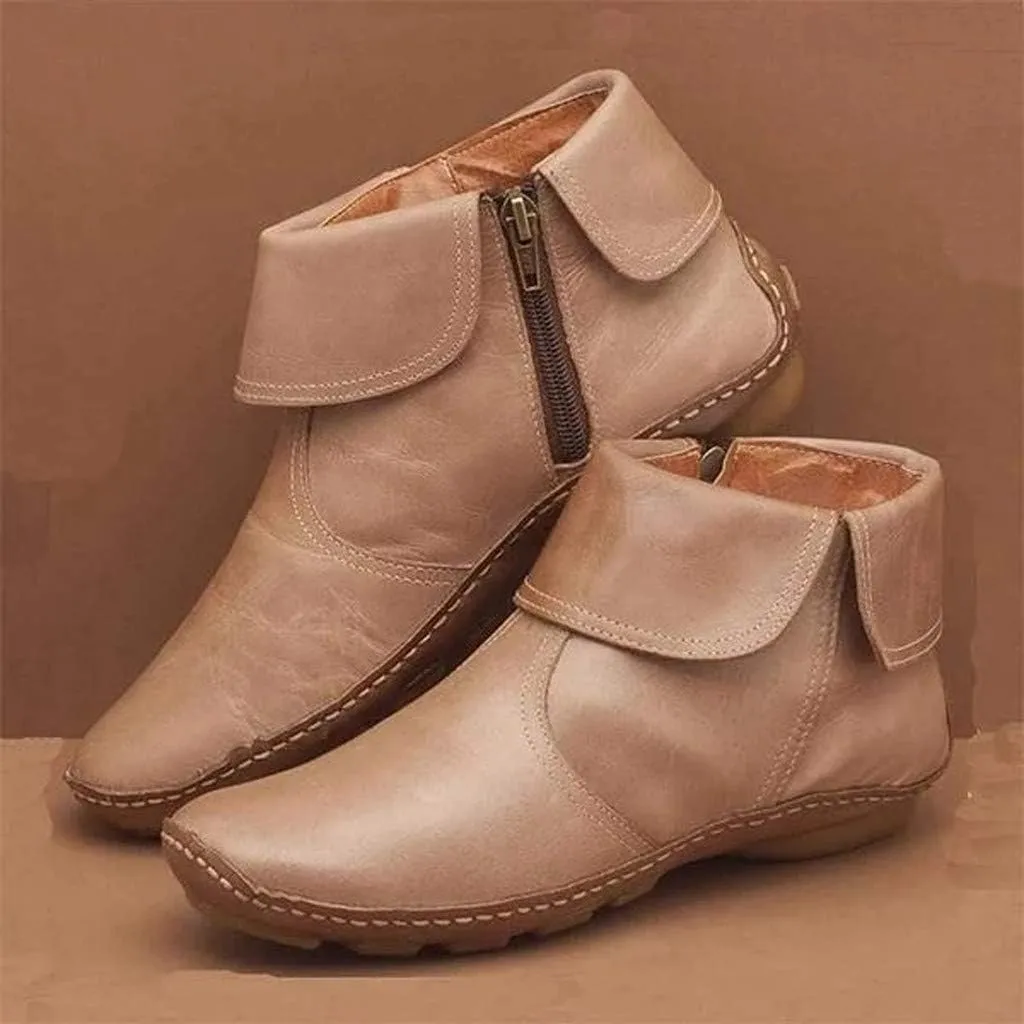 Ankle Boots for Women No Heel,2019 New Arch Support Boots Side Zipper Vintage Leather Damping Shoes Flat Heel Booties