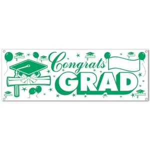 Congrats Grad Graduation Party Sign Banner - green & white - all-weather
