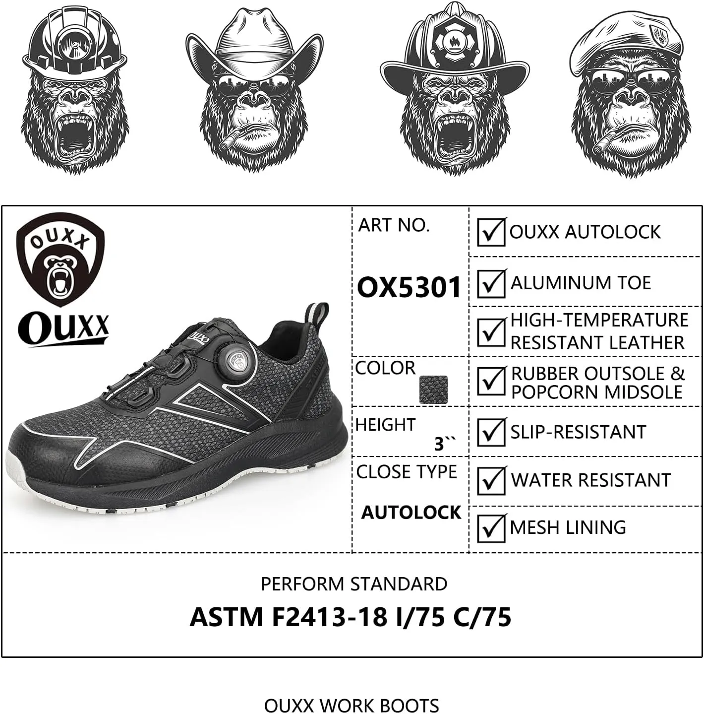 OUXX Autolock Men's Work Shoes, Comfort Popcorn Midsole & Slip-Resistant Rubber Outsole, Aluminum Toe, ASTM F2413 Shoes(OX5301BY)