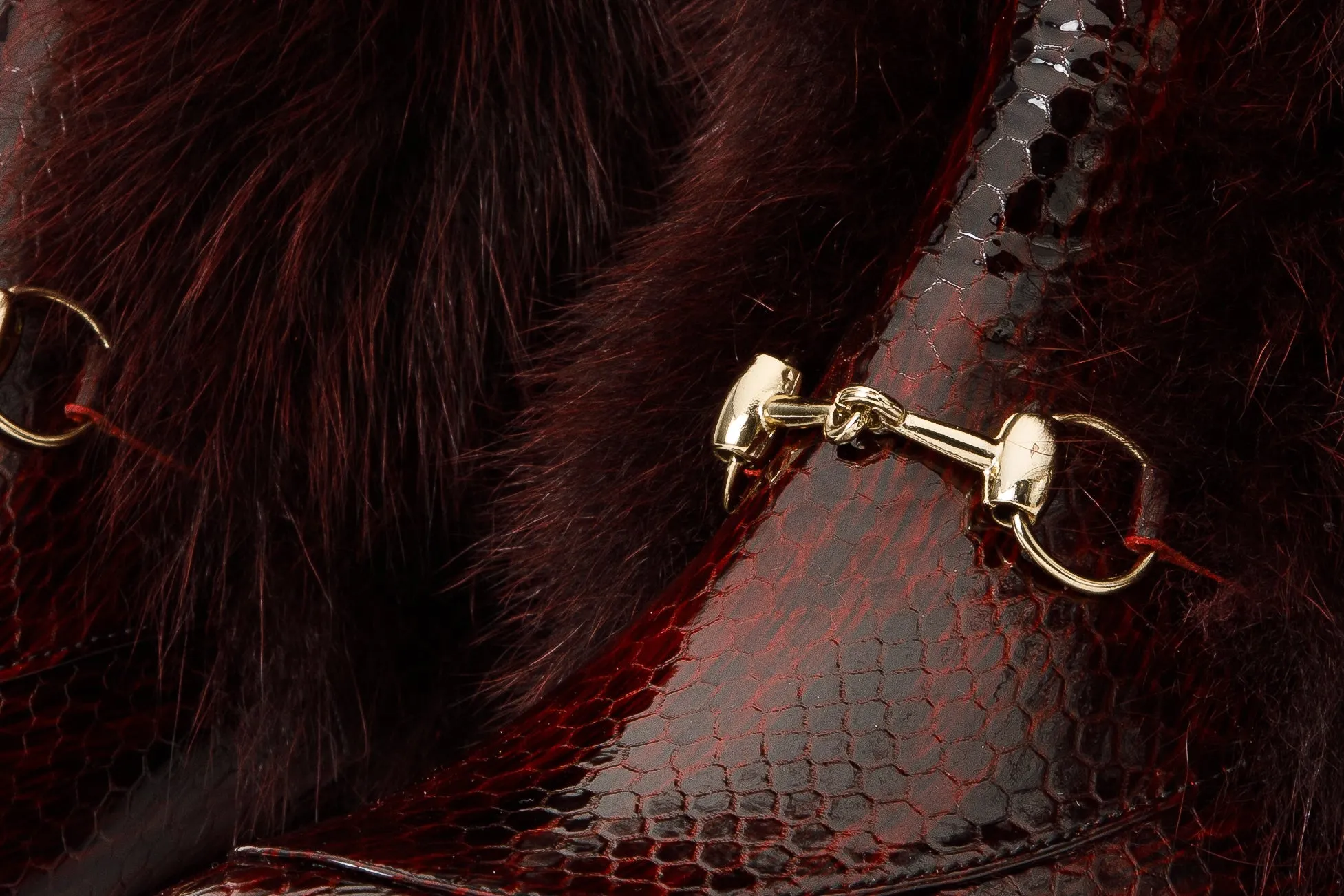 The Izmir Burgundy Patent Leather Natural Fur Mid Calf Women Boot