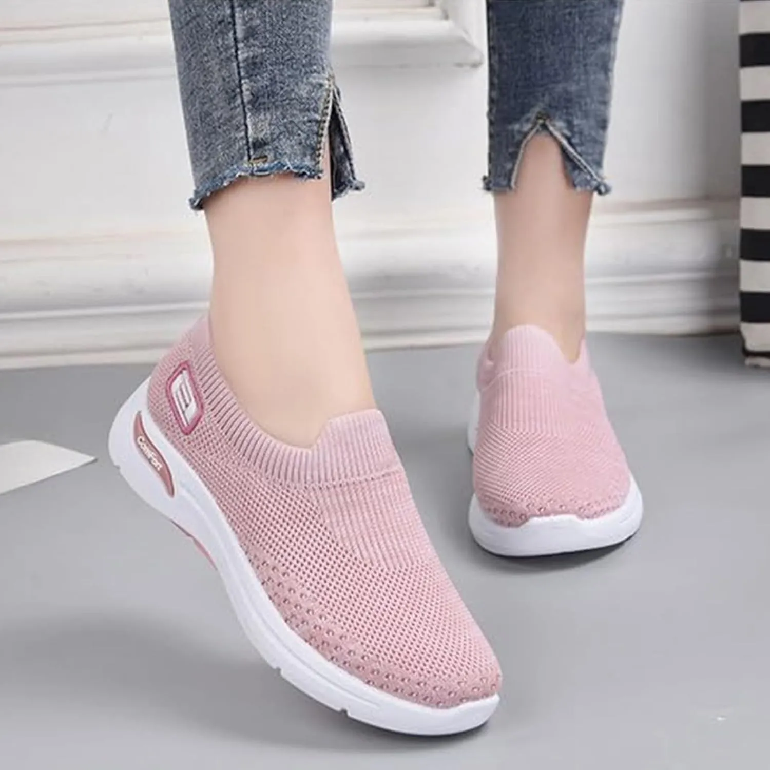 ZWRXW Womens Walking Shoes Orthopedic Slip On Air Cushion Platform Shoes Mesh Up Woven Sock Casual Ladies Fashion Sneakers Lightweight Comfortable Arch Support Sneaker with Arch Support
