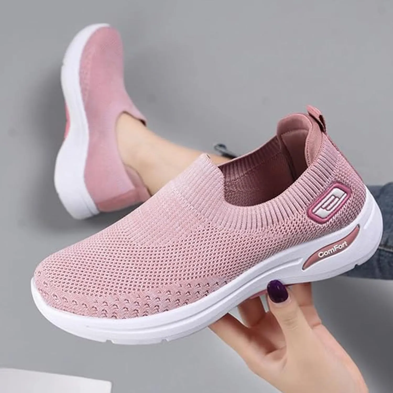 ZWRXW Womens Walking Shoes Orthopedic Slip On Air Cushion Platform Shoes Mesh Up Woven Sock Casual Ladies Fashion Sneakers Lightweight Comfortable Arch Support Sneaker with Arch Support