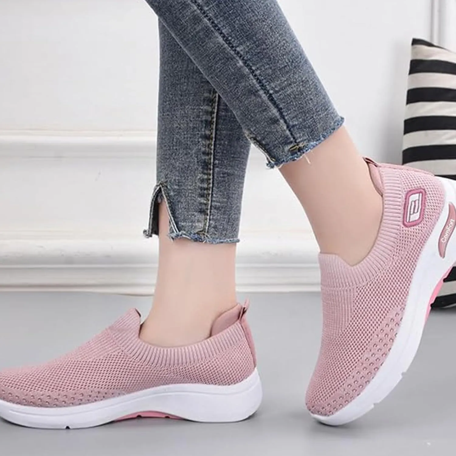 ZWRXW Womens Walking Shoes Orthopedic Slip On Air Cushion Platform Shoes Mesh Up Woven Sock Casual Ladies Fashion Sneakers Lightweight Comfortable Arch Support Sneaker with Arch Support